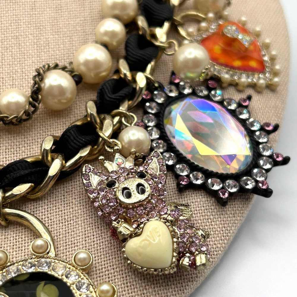 Rare Vintage Betsey Johnson Pigs Fly Polka Dot Pearl Heart Piggy Necklace 18-20” - Picture 3 of 14